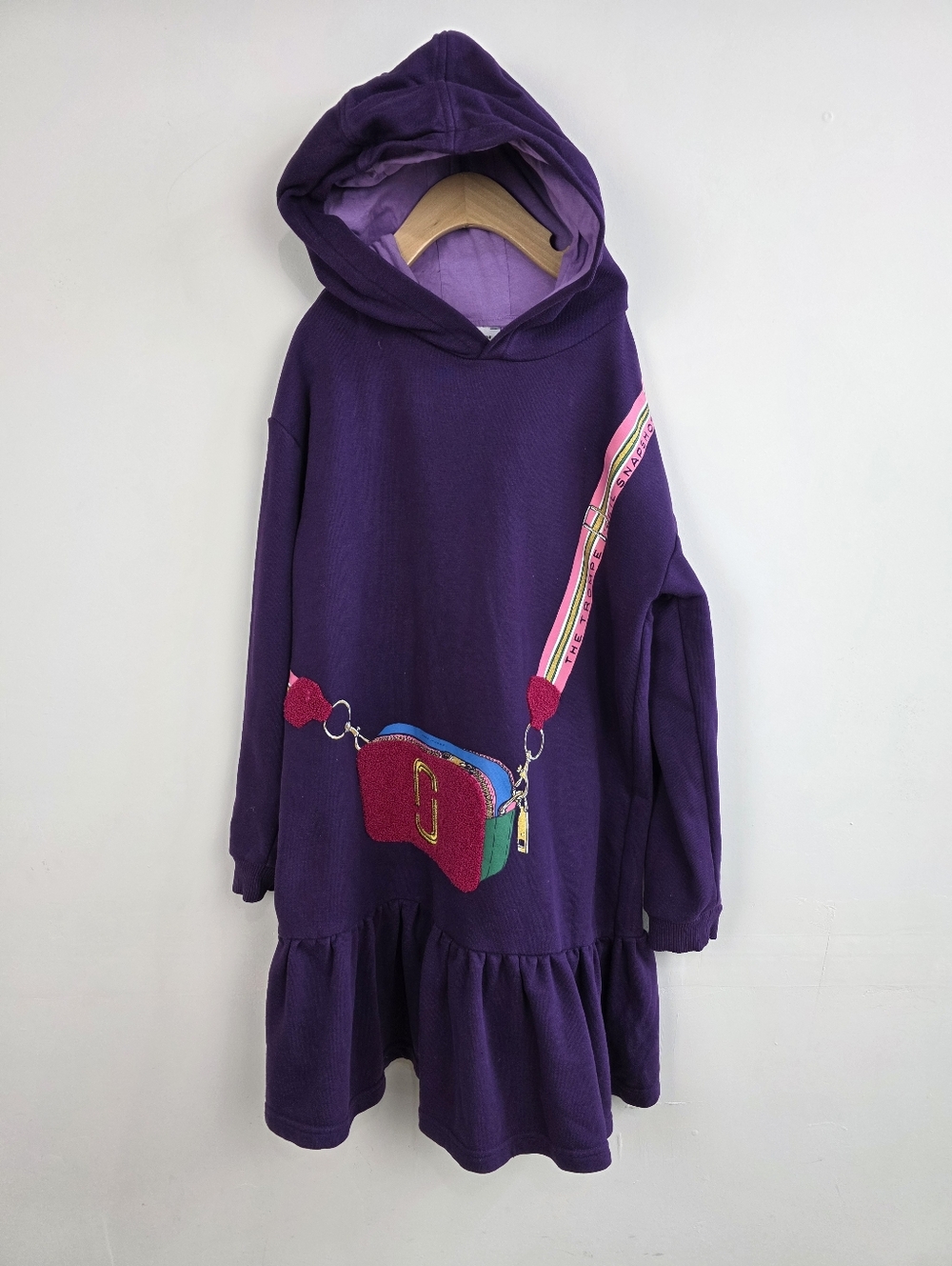 Marc Jacobs Purple Hoodie Dress with Colorful Crossbody Graphic, Size 10